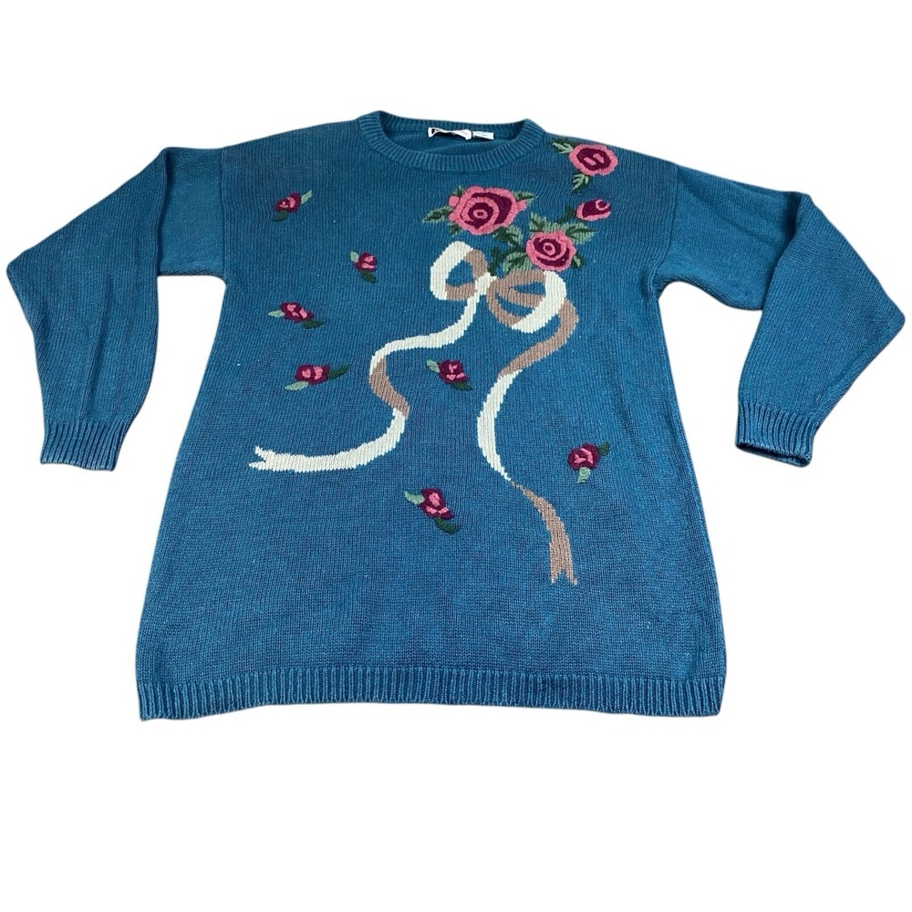 VTG 90s Womens Cotton Blend Sweater Roses Bows Ribbon Blue Crew Neck MED Petite
